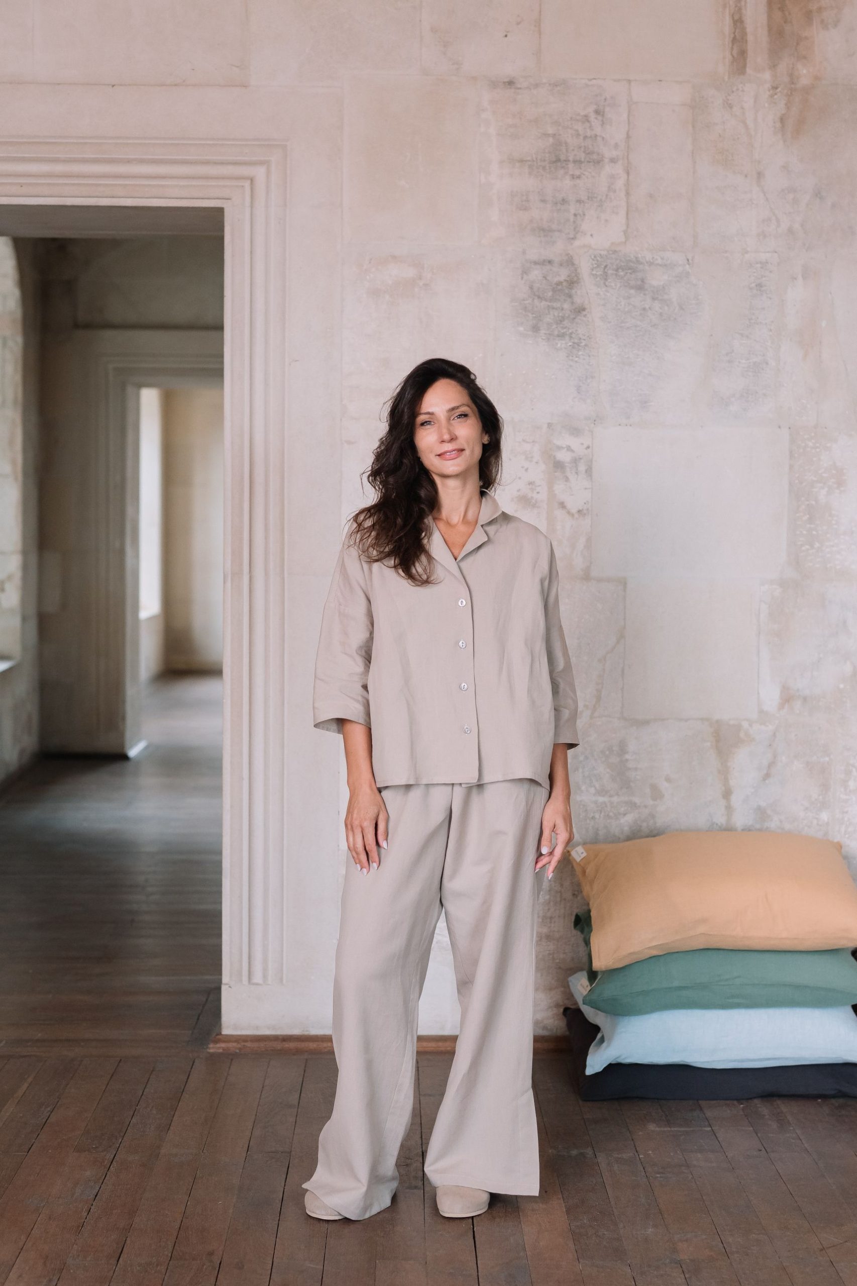 Set pijama damă in și bumbac Earth Beige