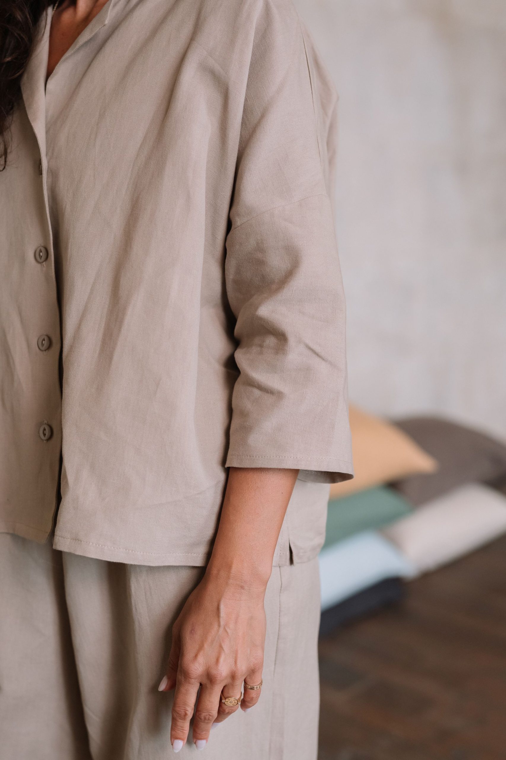 Bluză pijama damă in și bumbac Earth Beige